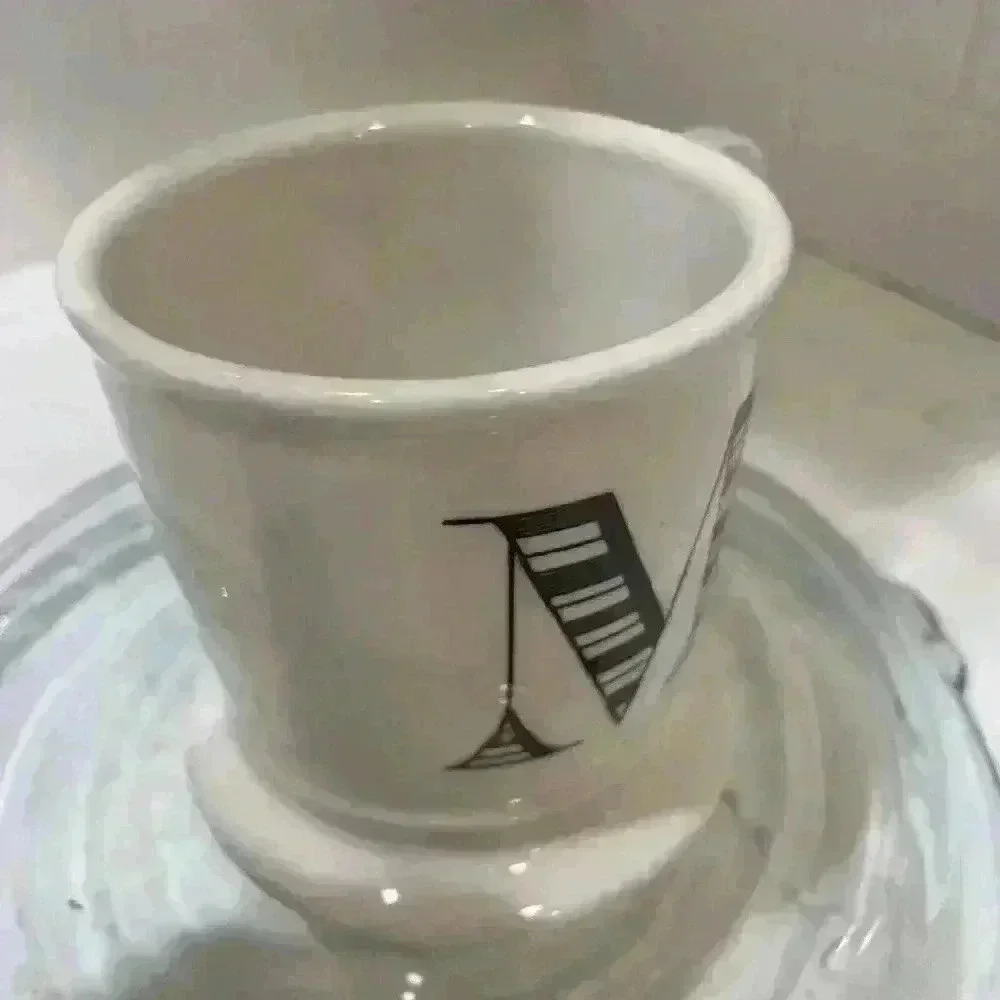 Anthropologie Coffee Mug Monogram Letter M Black White Shaving Style Cup NEW